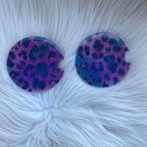Car cup holder coasters set leopard purple cheetah blue sparkle Lisa frank theme - Picture 2 of 2